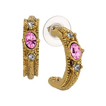 1928 Gold Tone Oval Crystal Hoop Earrings