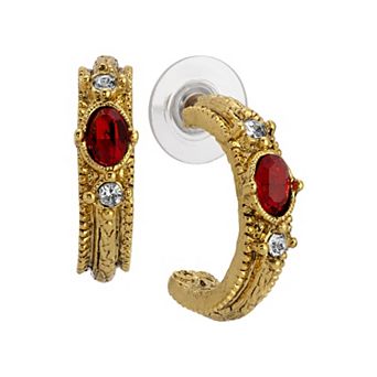 1928 Gold Tone Oval Crystal Hoop Earrings