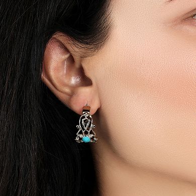 1928 Silver Tone Filigree with Enamel Oval Hoop Earrings