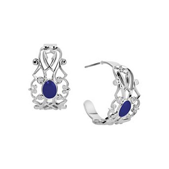 1928 Silver Tone Filigree with Enamel Oval Hoop Earrings