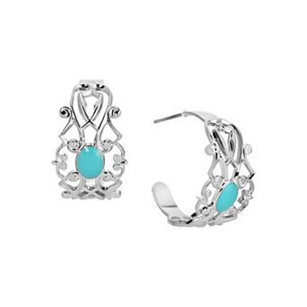 1928 Silver Tone Filigree with Enamel Oval Hoop Earrings