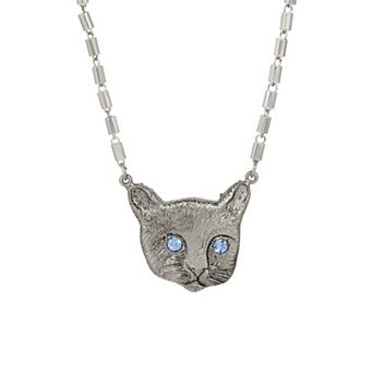 1928 Silver Tone Cat 17 in Face Crystal Necklace