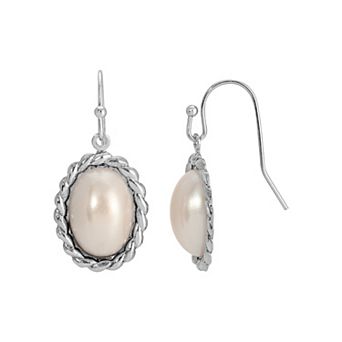 1928 Silver Tone Oval Simulated Pearl Drop Earrings