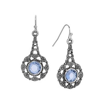 1928 Silver Tone Round Linear Blue Crystal Drop Earrings