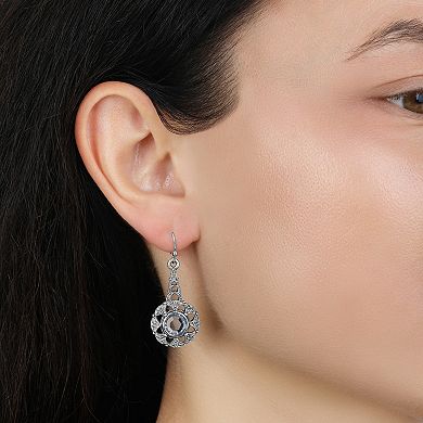 1928 Silver Tone Round Linear Blue Crystal Drop Earrings