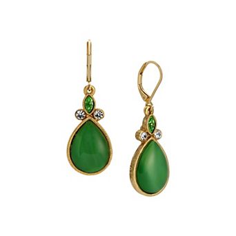 1928 Gold Tone Green Teardrop & Clear Crystal Earrings