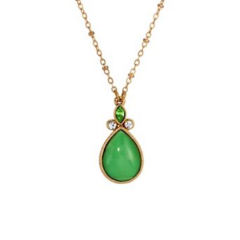 1928 Gold Tone Green Teardrop & Clear Crystal Necklace