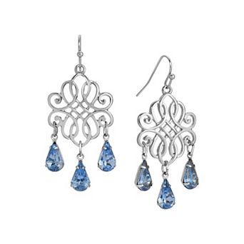 1928 Silver Tone Filigree Blue Crystal Drop Earrings