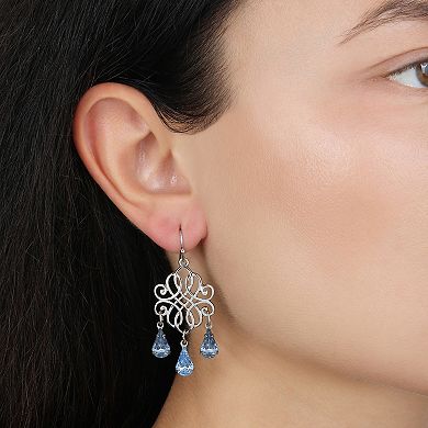 1928 Silver Tone Filigree Blue Crystal Drop Earrings