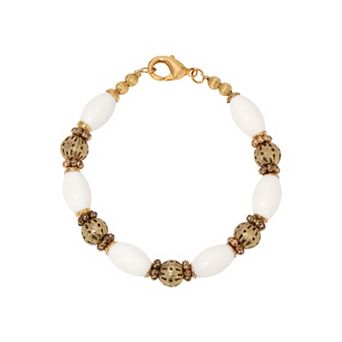 1928 Gold Tone Filigree White Bead Bracelet