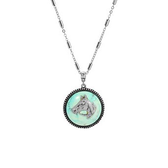 1928 Silver Tone Round Simulated Turquoise Horse Pendant Necklace