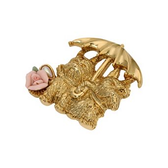 1928 Gold Tone Dogs & Umbrella Pink Porcelain Rose Brooch