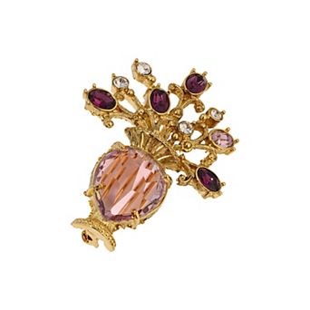 1928 Gold Tone Purple Crystal Flower Vase Brooch
