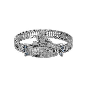 1928 Silver Tone Cat In Basket Bracelet
