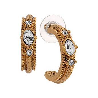 1928 Gold Tone Oval Crystal Hoop Earrings