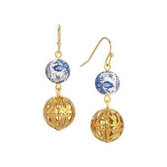 1928 Gold Tone Filigree Blue & White Floral Drop Earrings