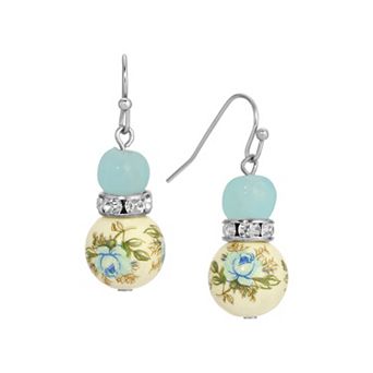 1928 Silver Tone Blue & Rose Bead Drop Earrings