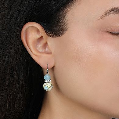 1928 Silver Tone Blue & Rose Bead Drop Earrings