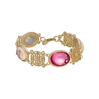 1928 Gold Tone Pink & Ceramic Flower Stone Bracelet