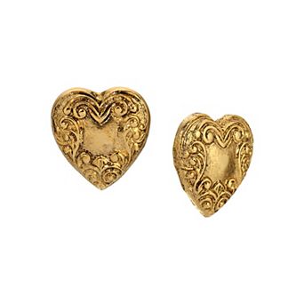 1928 Gold Tone Heart Button Stud Earrings