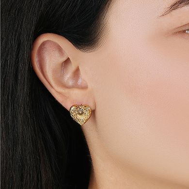 1928 Gold Tone Heart Button Stud Earrings