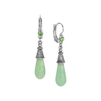 1928 Silver Tone Aventurine Teardrop Crystal Earrings
