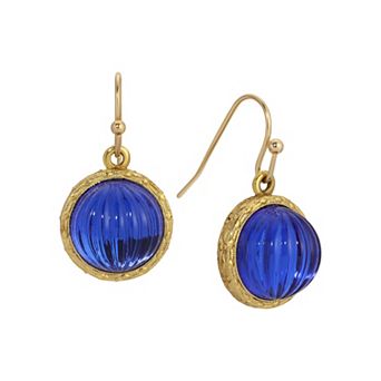 1928 Gold Tone Round Blue Ribbed Stone Earrings