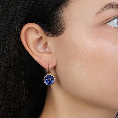 1928 Gold Tone Round Blue Ribbed Stone Earrings