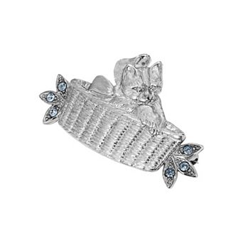 1928 Silver Tone Cat-In-Basket Brooch