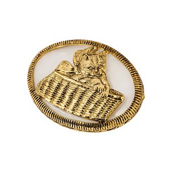 1928 Gold Tone White Mother-of-Pearl Cat-In-Basket Brooch