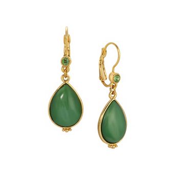 1928 Gold Tone Green Moonstone Teardrop Earrings