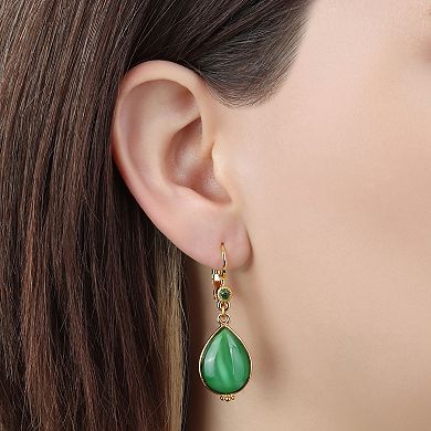 1928 Gold Tone Green Moonstone Teardrop Earrings