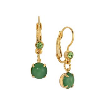 1928 Gold Tone Green Moonstone Drop Earrings