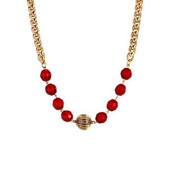 1928 14k Gold Dipped Red Glass & Gold Bead Necklace