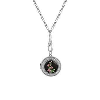 1928 Silver Tone Black Decal Pink Flowers Locket Necklace