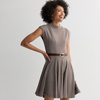 Women's Taylor Belted Chevron Jacquard Fit & Flare Mini Dress