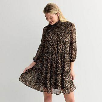 Women's Taylor Leopard Print Mockneck Tiered Shift Mini Dress