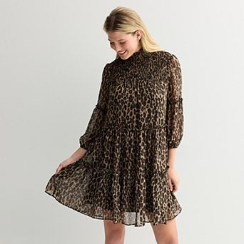 Women's Taylor Leopard Print Mockneck Tiered Shift Mini Dress