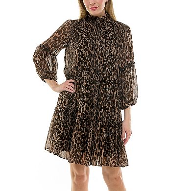 Women's Taylor Leopard Print Mockneck Tiered Shift Mini Dress