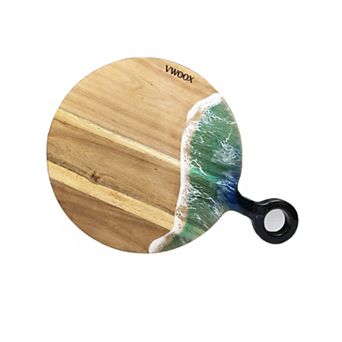 Handmade Acacia Wood Round Cutting Board With Handle Epoxy Resin Ocean Wave Decor