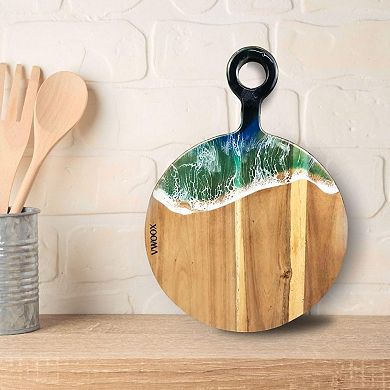 Handmade Acacia Wood Round Cutting Board With Handle Epoxy Resin Ocean Wave Decor