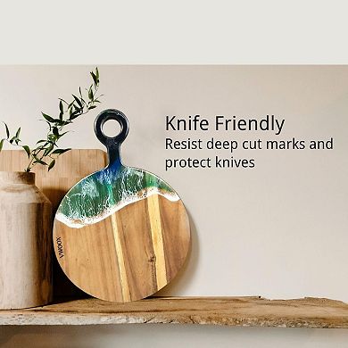 Handmade Acacia Wood Round Cutting Board With Handle Epoxy Resin Ocean Wave Decor