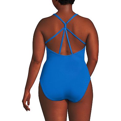 Plus Size Lands' End Tugless QuickDry V-Neck Multi-Way High Leg One Piece Swimsuit