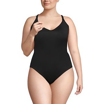 Plus Size Lands' End Tugless QuickDry V-Neck Multi-Way High Leg One Piece Swimsuit