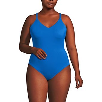 Plus Size Lands' End Tugless QuickDry V-Neck Multi-Way High Leg One Piece Swimsuit