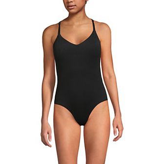 Women's Lands' End Long Tugless QuickDry V-Neck Multi-Way High Leg One Piece Swimsuit