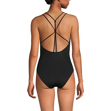 Women's Lands' End Long Tugless QuickDry V-Neck Multi-Way High Leg One Piece Swimsuit