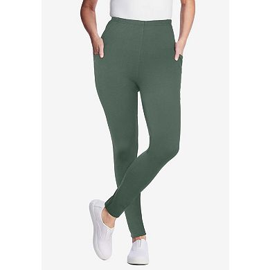 Woman Within Plus Size Petite Side Pocket Ankle-Length Pull-On Stretch Knit Cotton Spandex Leggings