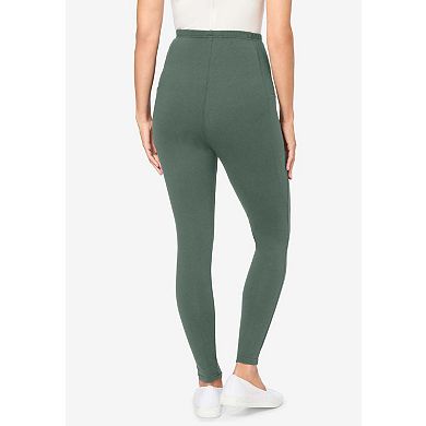 Woman Within Plus Size Petite Side Pocket Ankle-Length Pull-On Stretch Knit Cotton Spandex Leggings