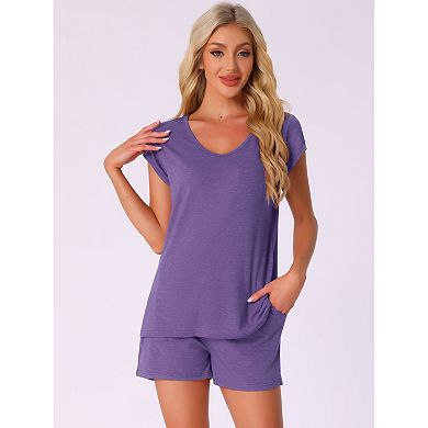 Women's 2 Piece Lounge Set Sweater Knit Short Sleeve Tee and Shorts Pajama Set